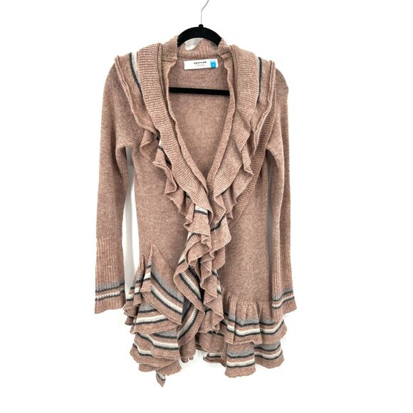 ANTHROPOLOGIE Sparrow Brown Lambs Wool Angora Knit Ruffle Cardigan Sweater Small - Picture 1 of 7